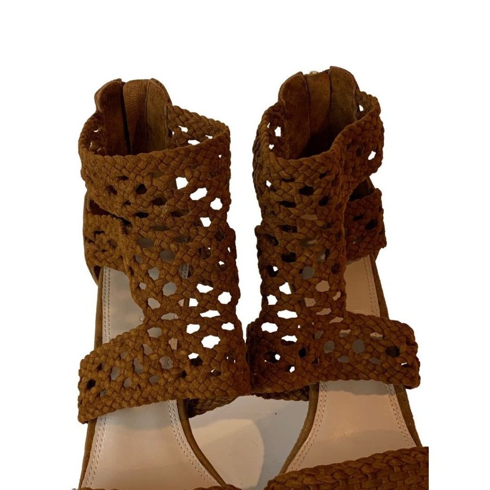 39 Sandro Agate Brique Suede Braid Stiletto Sandals Brown 3.75" Heel - Picture 7 of 12